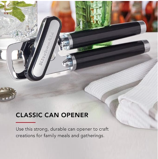 KitchenAid Classic Multifunction Can Opener and Bottle Opener Easy to Use, Razor Sharp Stainless Steel Cutting Wheel, Soft Ergonomic Handles, Black
